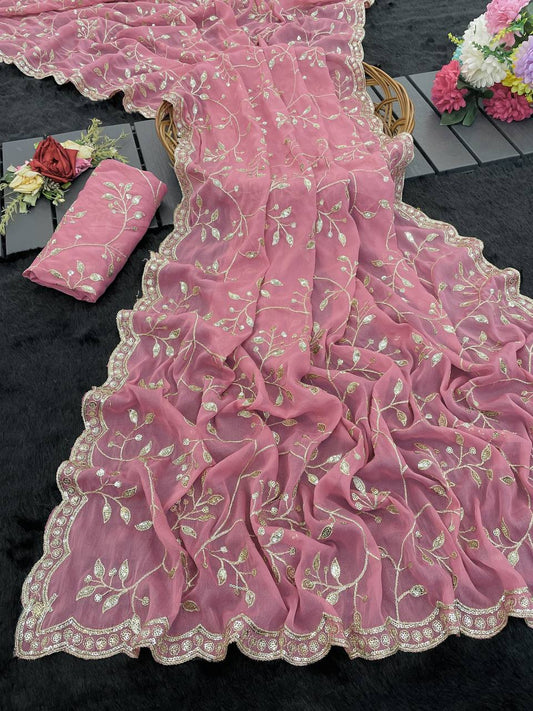 Premium Georgette fabric c pallu embroidery sequins thread work saree