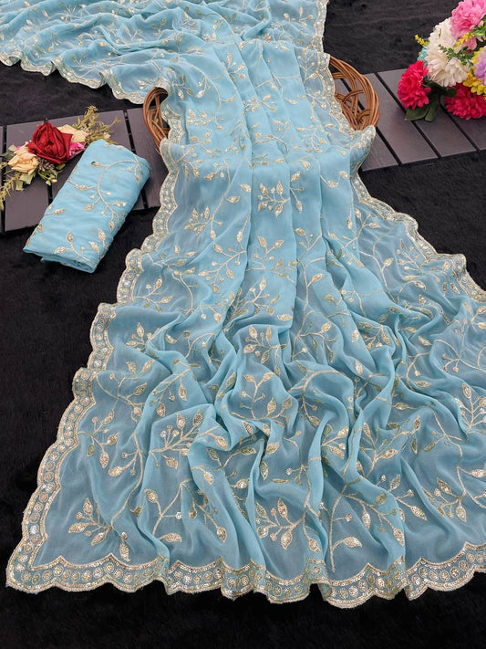 Premium Georgette fabric c pallu embroidery sequins thread work saree