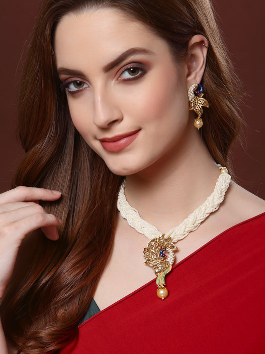 Gold-Plated Gold-Toned Stone Studded Off-White Pearl Beaded Meenakari Jewellery Set