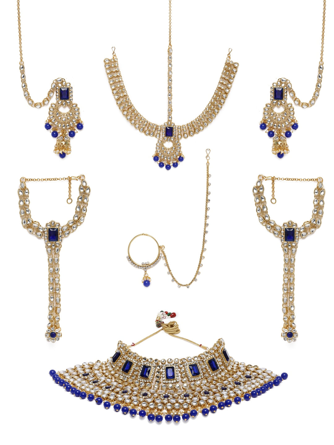 Blue Gold-Plated Kundan Studded Bridal Jewellery Set