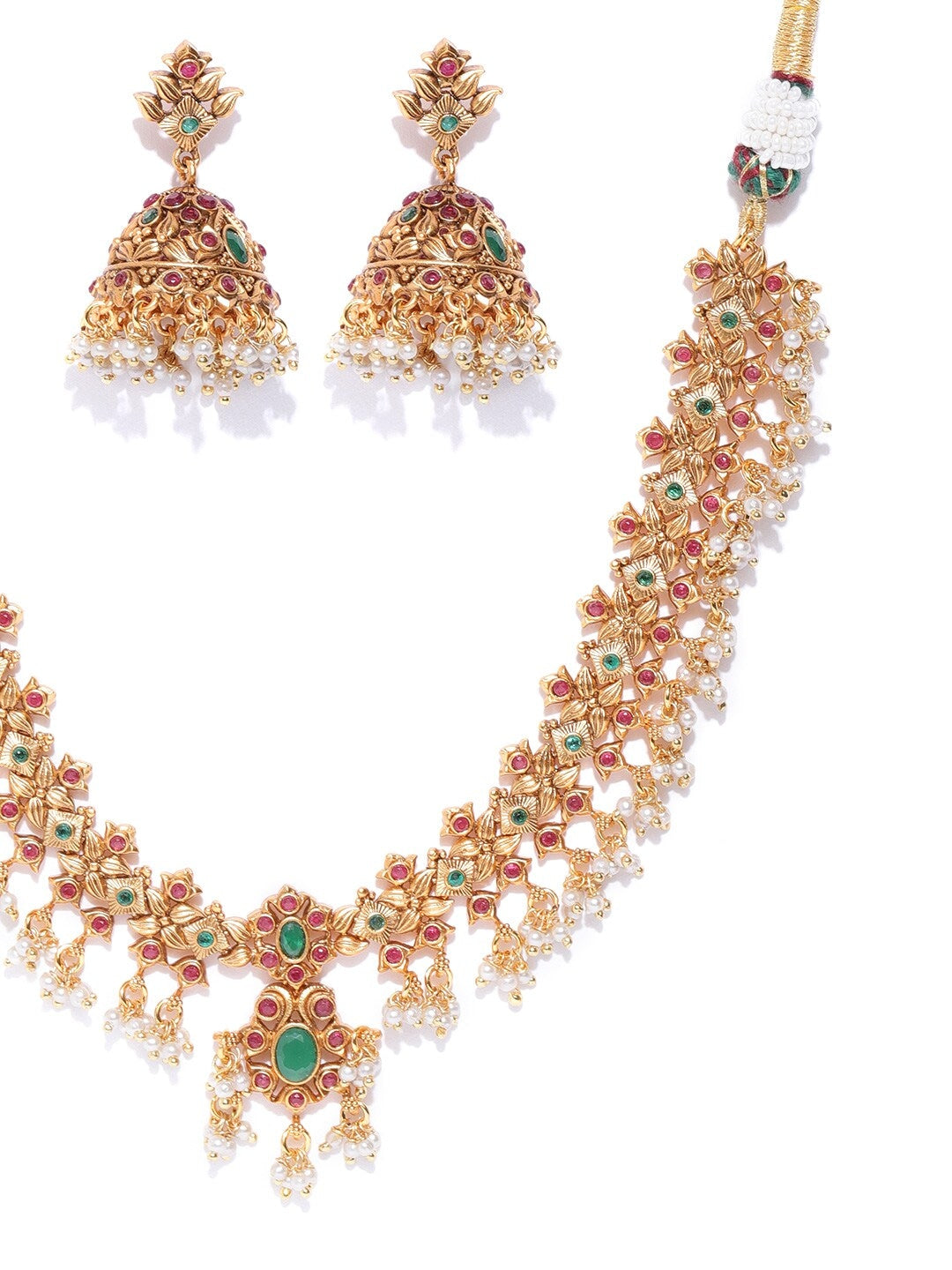 Maroon & Green Antique Gold-Plated Stone-Studded Handcrafted Jewellery Set