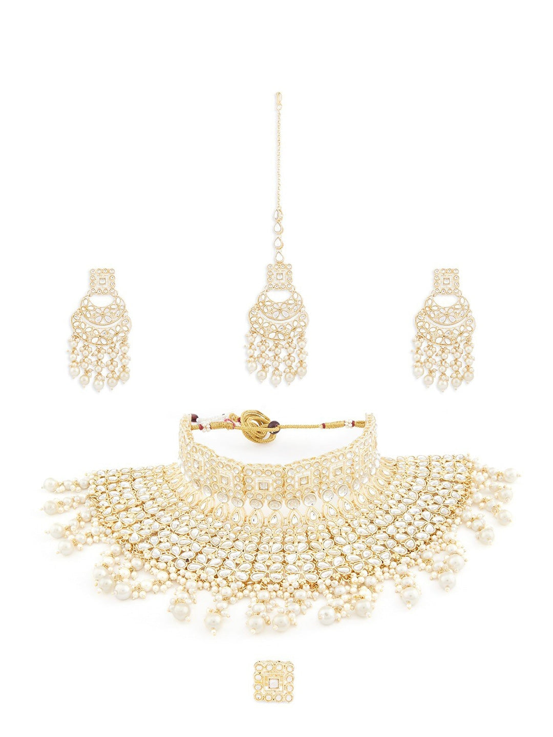 Gold-Plated White Kundan Studded & Beaded Jewellery Set
