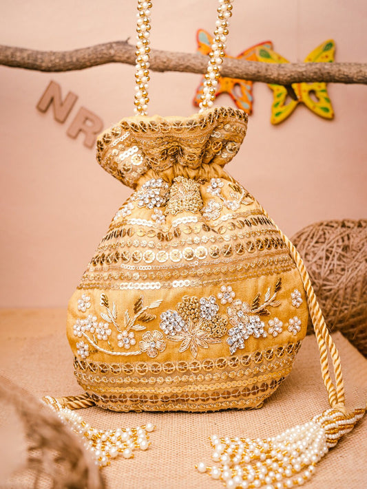 Women Gold Embroidered Potli Bag