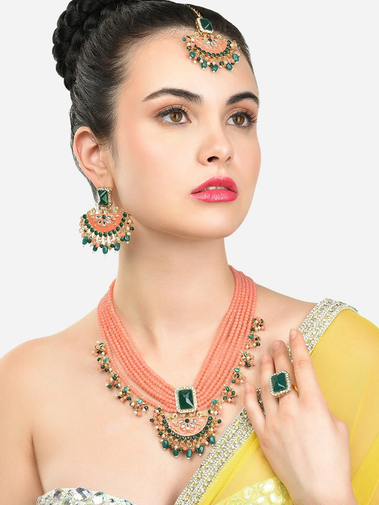 Gold-Plated & Peach-Coloured Stone-Studded Pearl Beaded Jewellery Set