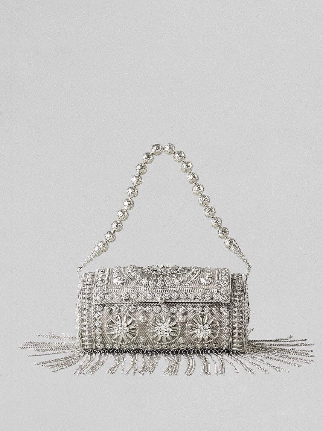 Silver-Toned Embellished Embroidered Box Clutch