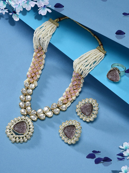 Gold-Plated Kundan-Studded Necklace & Earrings With Finger Ring