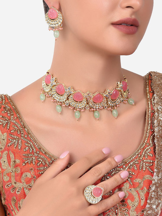 Gold-Plated Pink & Green Kundan Studded Choker Jewellery Set