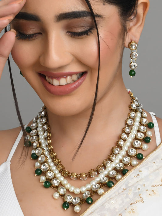 Gold-Plated Kundan-Studded & Pearl Beaded Layered Jewellery Set