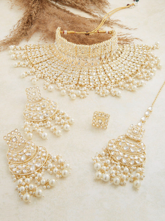 Gold-Plated White Kundan Studded & Beaded Jewellery Set