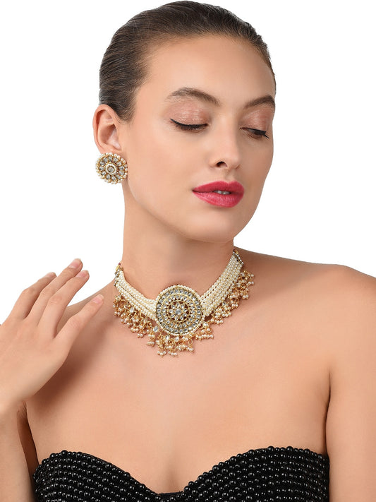 Gold-Plated & White Kundan & Pearls Studed Multistrand Choker Jewellery Set