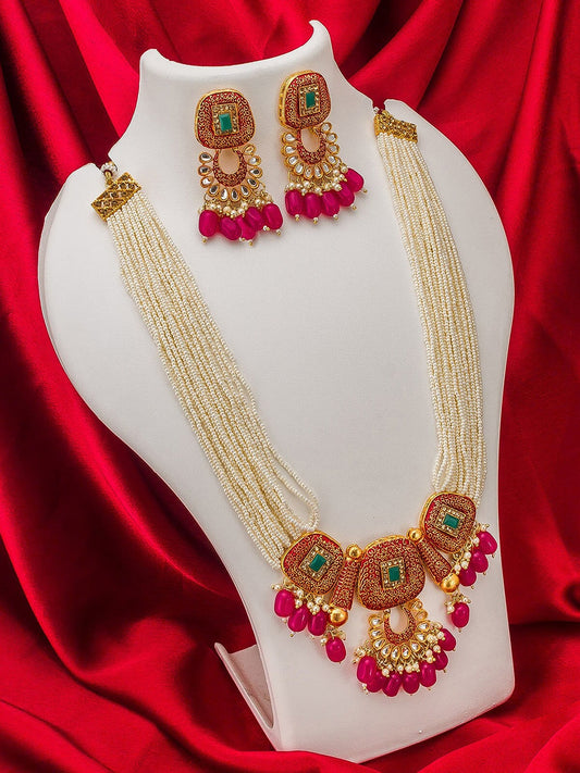 Gold-Plated White & Red Pearl-Beaded & Stone-Studded Multi-Stranded Jewellery Set
