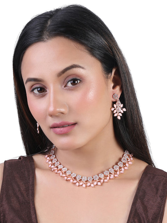 Women Rose Gold-Plated White & Pink Crystal-Studded Jewellery Set
