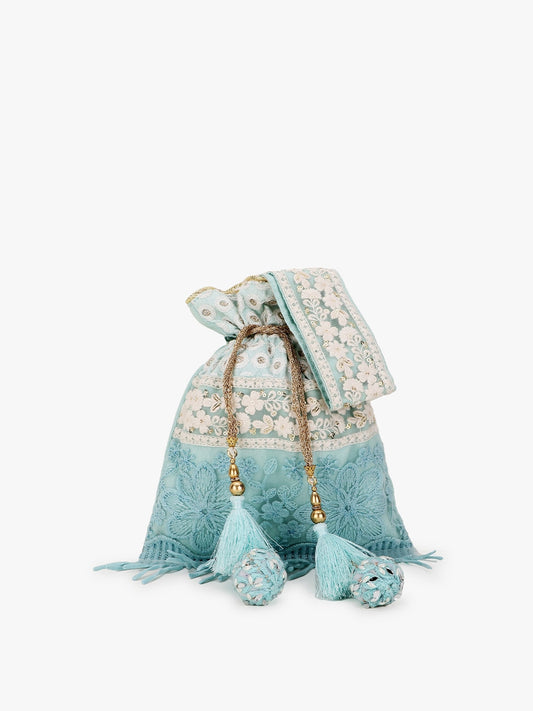 Women Blue & White Floral Lace Embroidered Tasselled Potli Clutch