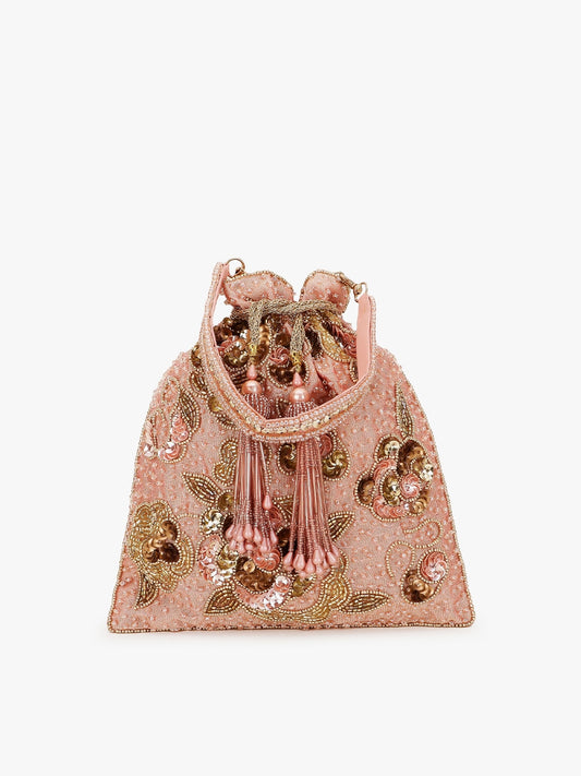 Pink & Gold-Toned Embellished Tasselled Potli Clutch
