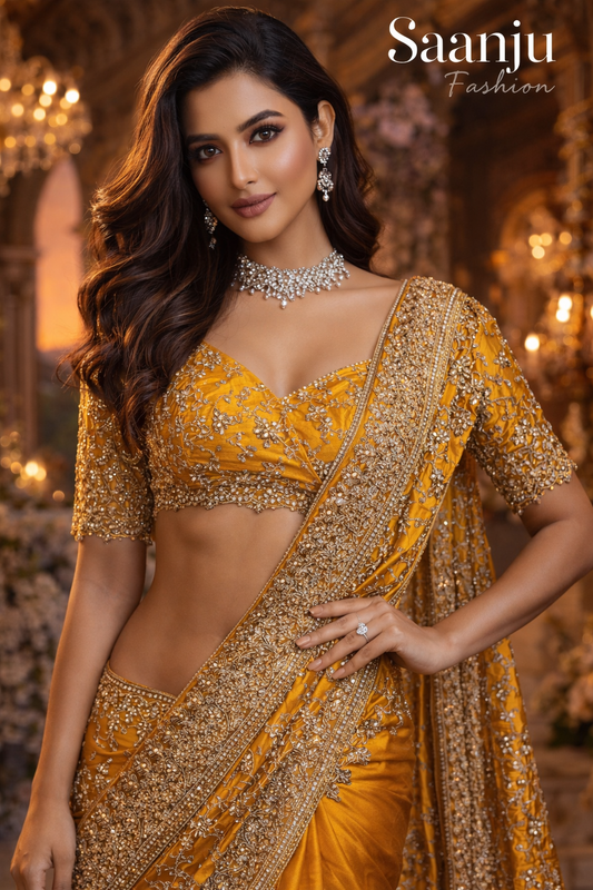 Yellow Color Full Heavy Diamond Work Bridal Premium Satin Silk Saree
