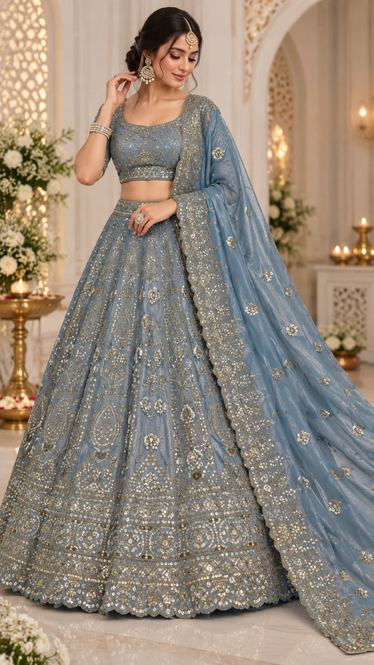 Crape silk lehenga with sequins dori & zari work choli