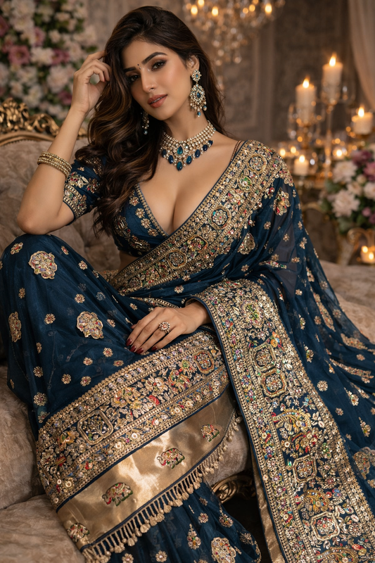 Royal Pure Silk Saree with Heavy C-Pallu Mirror & Moti Work