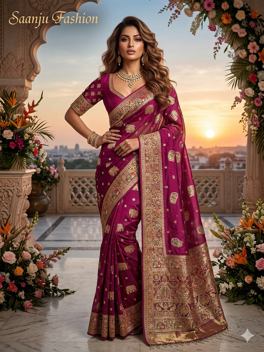 Royal Pure Silk Saree with C-Pallu Heavy Mirror & Moti Work