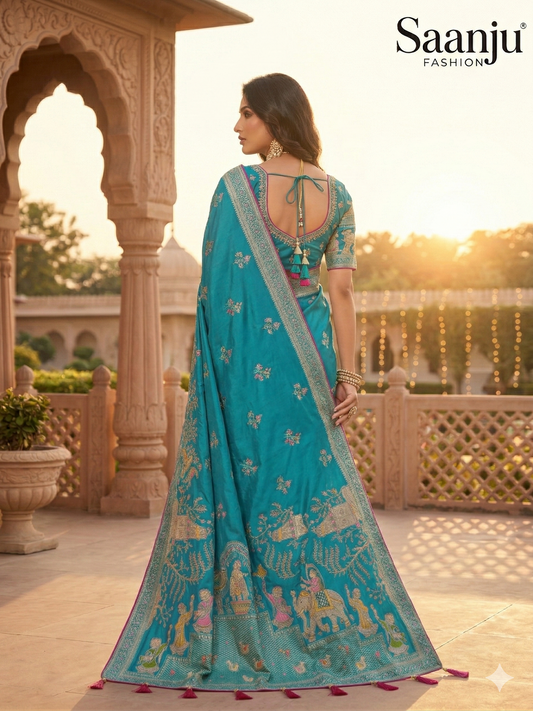 Royal Blue Pashmina Silk Saree with Gopi Krishna Fancy Artwork