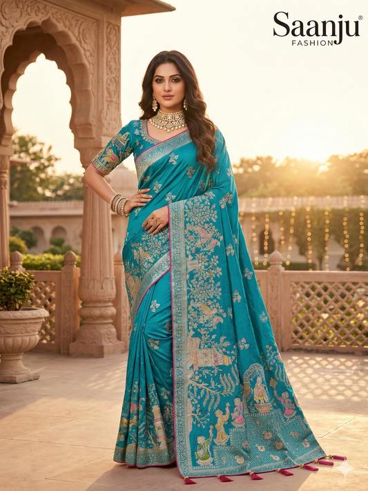 Royal Blue Pashmina Silk Saree with Gopi Krishna Fancy Artwork