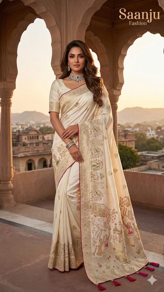 Premium Pashmina Silk Saree with Gopi Krishna Fancy Artwork