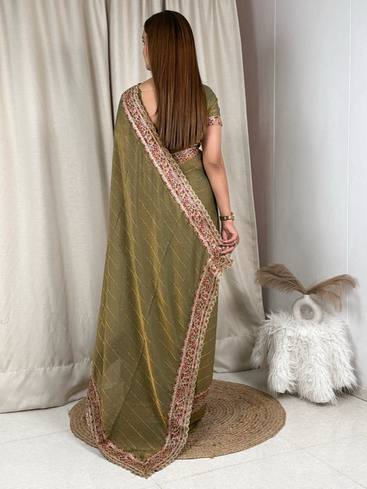 Zari & multi color thread embroidered work in saree