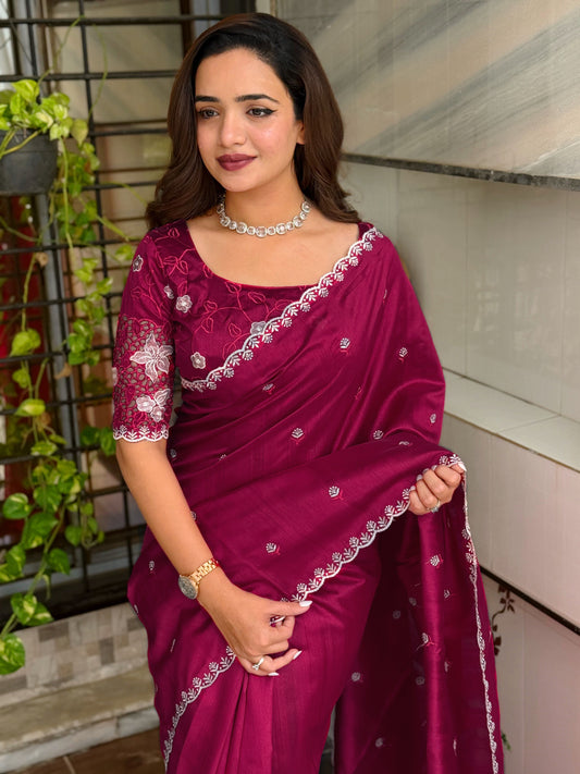 Tusser cotton Thread Embroidery work in saree