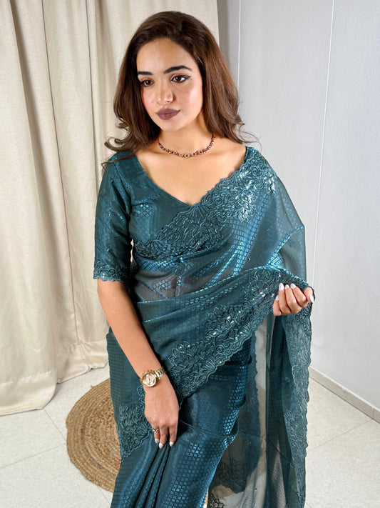 glass satin saree adorned with intricate sequin & thread embroidered saree