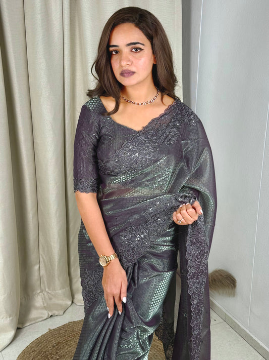 glass satin saree adorned with intricate sequin & thread embroidered saree