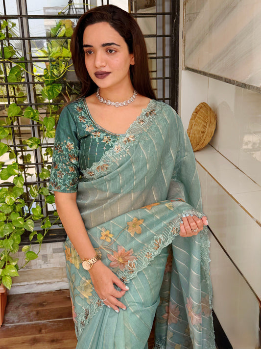 Sequin & thread embroidered work with zari jacquard weaving saree