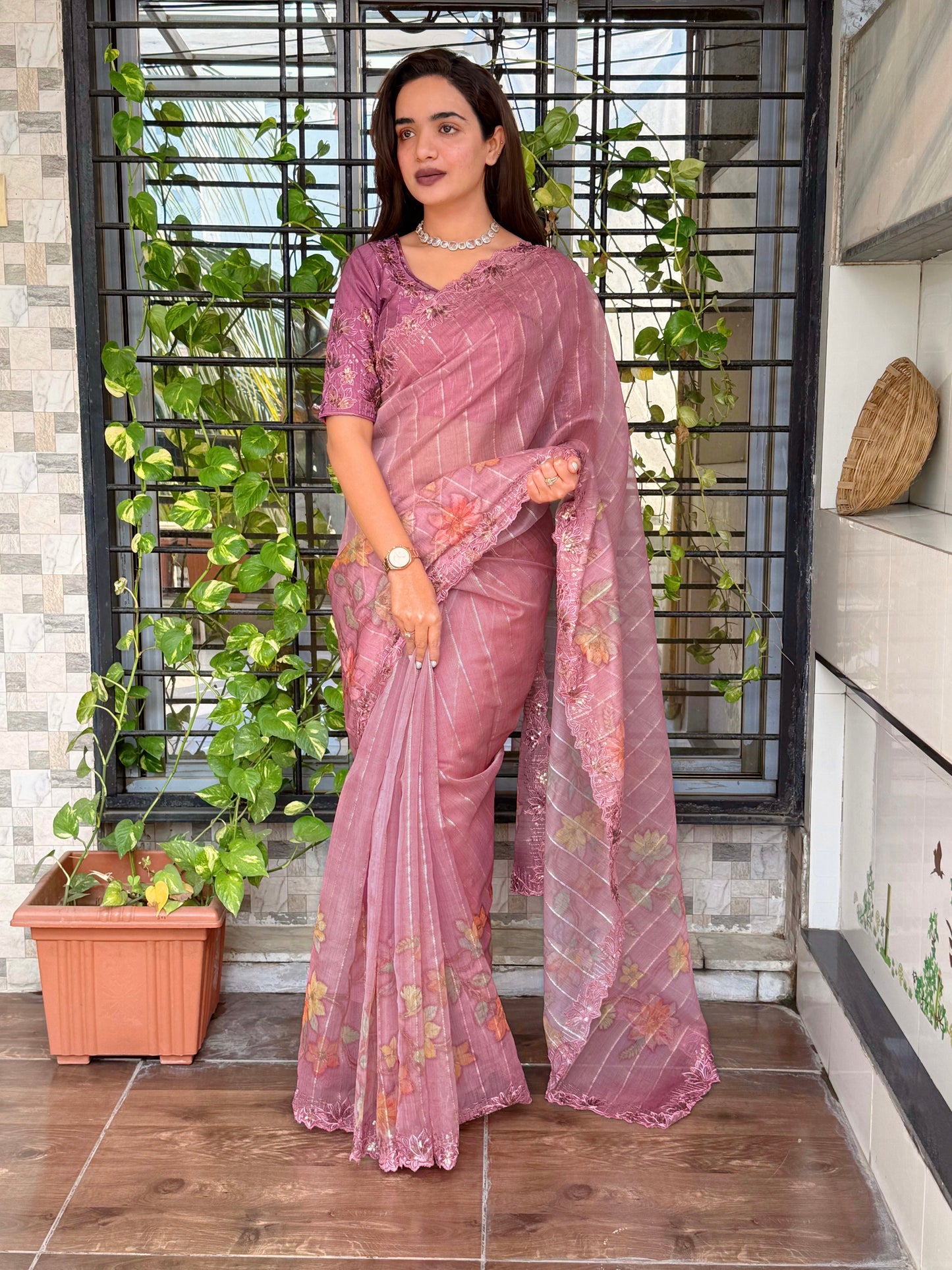 Sequin & thread embroidered work with zari jacquard weaving saree