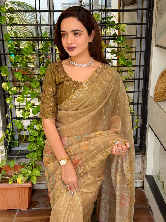 Sequin & thread embroidered work with zari jacquard weaving saree