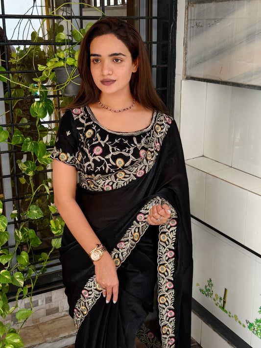 fandy satin saree adorned with intricate zari embroidered choli