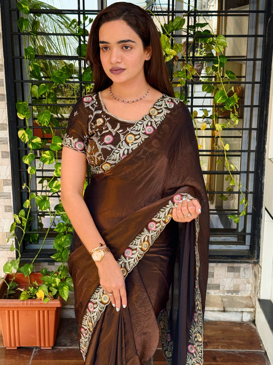 fandy satin saree adorned with intricate zari embroidered choli