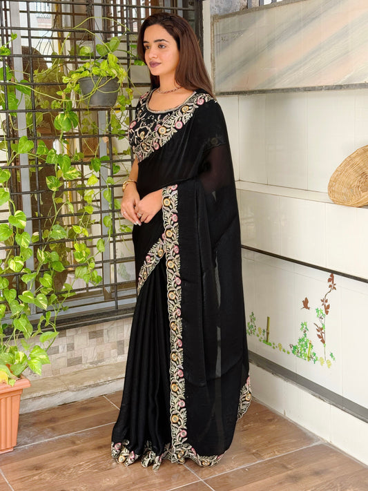 fandy satin saree adorned with intricate zari embroidered choli