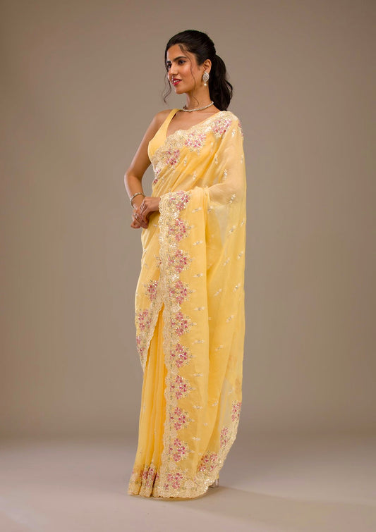 Premium Crunchy With Heavy Embroidery Threads & Sequins Work Saree