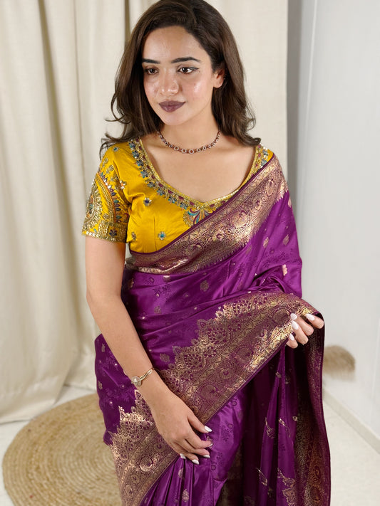 Designer Handwork blouse with this heavy Banarasi satin silk saree