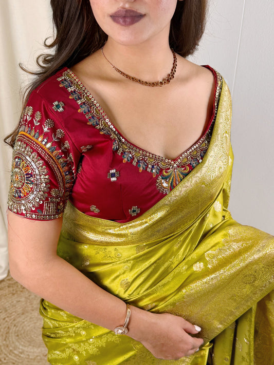 Designer Handwork blouse with this heavy Banarasi satin silk saree