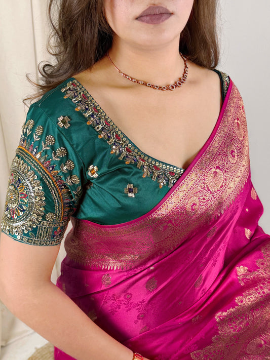 Designer Handwork blouse with this heavy Banarasi satin silk saree