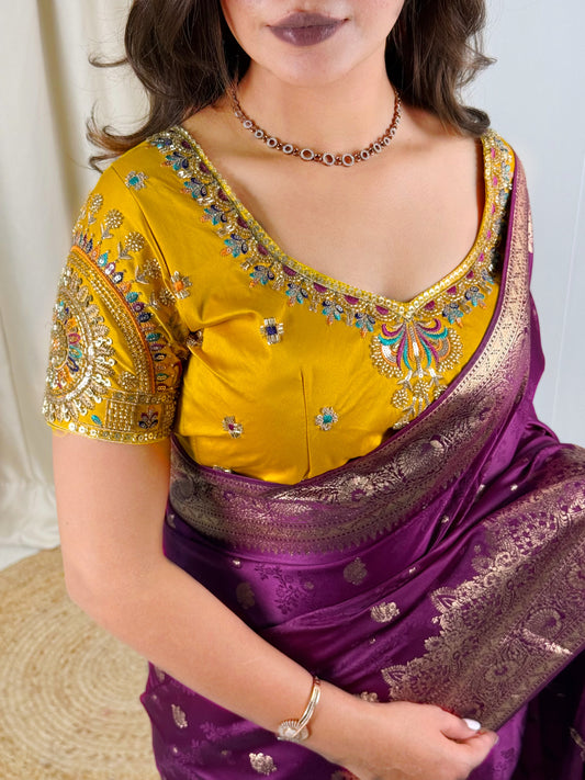 Designer Handwork blouse with this heavy Banarasi satin silk saree