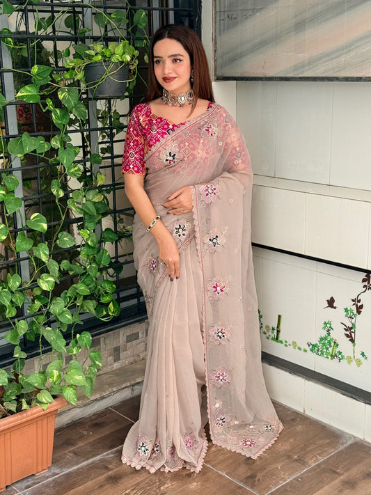 royal elegance pure simmer silk dusty beige saree