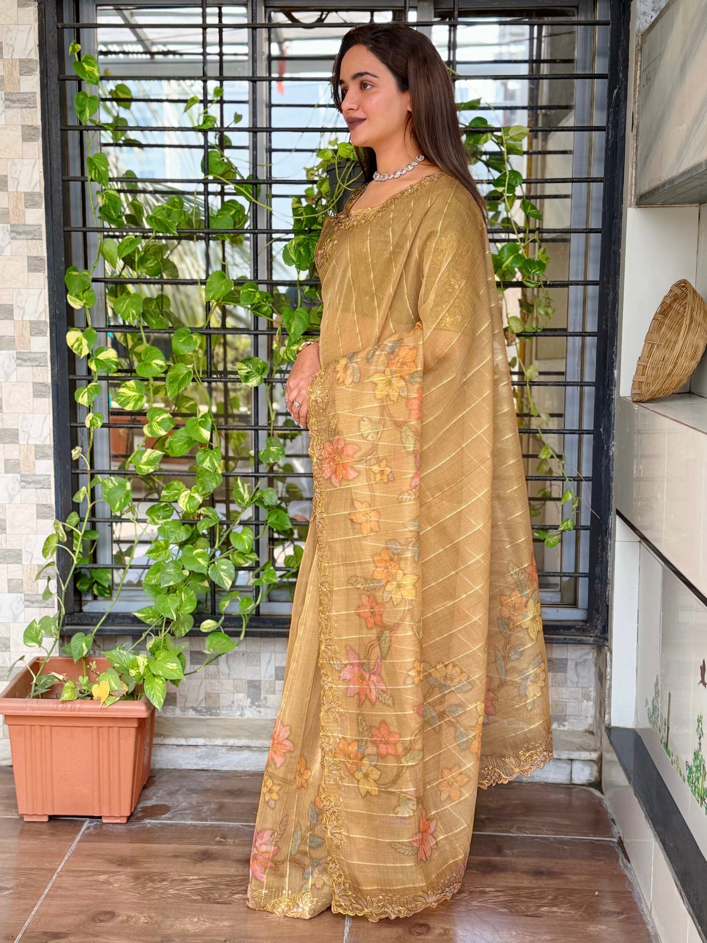 Sequin & thread embroidered work with zari jacquard weaving saree