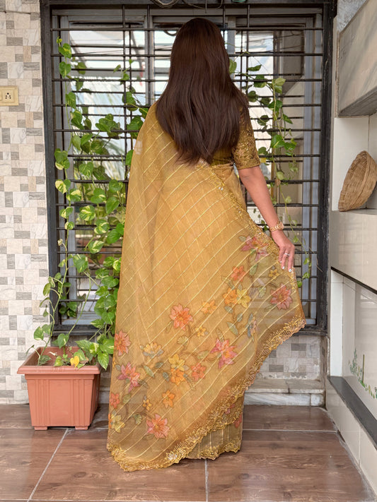 Sequin & thread embroidered work with zari jacquard weaving saree