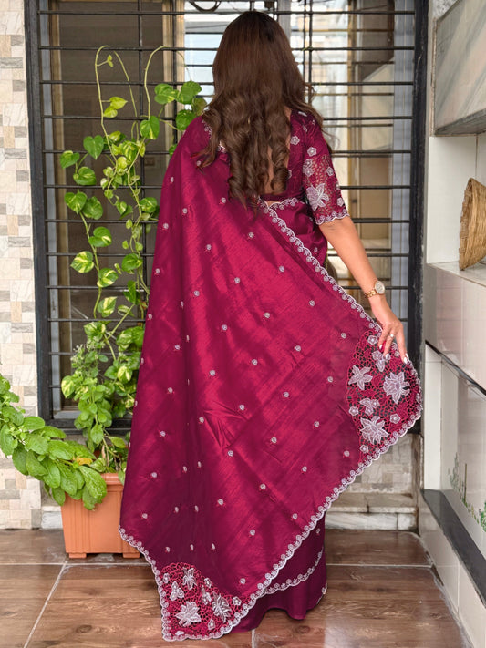 Tusser cotton Thread Embroidery work in saree