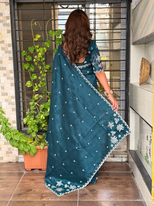 Tusser cotton Thread Embroidery work in saree