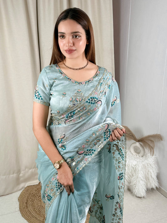 Fandy chiffon Sequins & multi thread embroidered work in saree