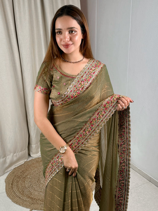 Zari & multi color thread embroidered work in saree