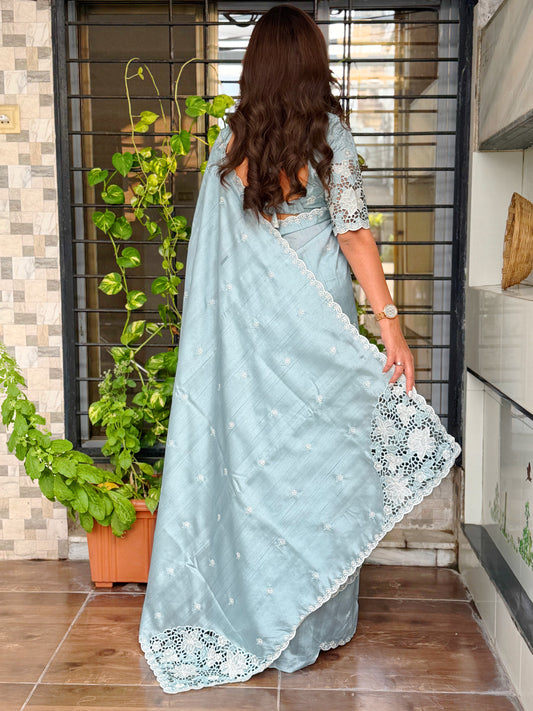 Tusser cotton Thread Embroidery work in saree