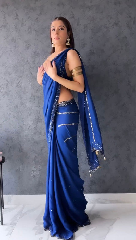 NEW TRENDING UNIQUE OUTFIT SEQUENCE SAREE ON GEORGETTE WITH HEAVY BLOUSE🚀 *