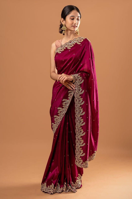 RANGOLI SILK FABRICBEAUTIFUL RIVET WORK AND EMBRODERY SEQUANCE WITH ZARI WORK IN LACE WITH CUT WORK BORDER ON SAREE